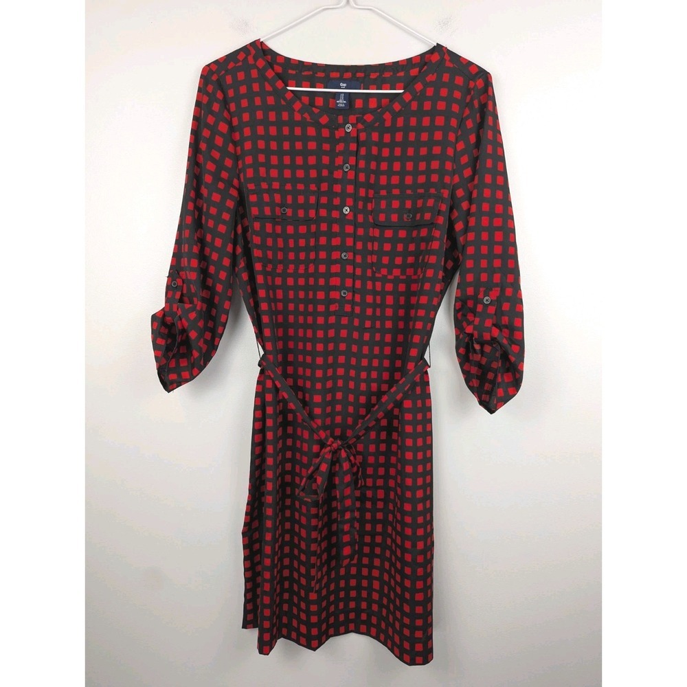 Gap Women's Plaid Shirt Dress S Window Pane Check Roll Tab Sleeves Red Black Tie